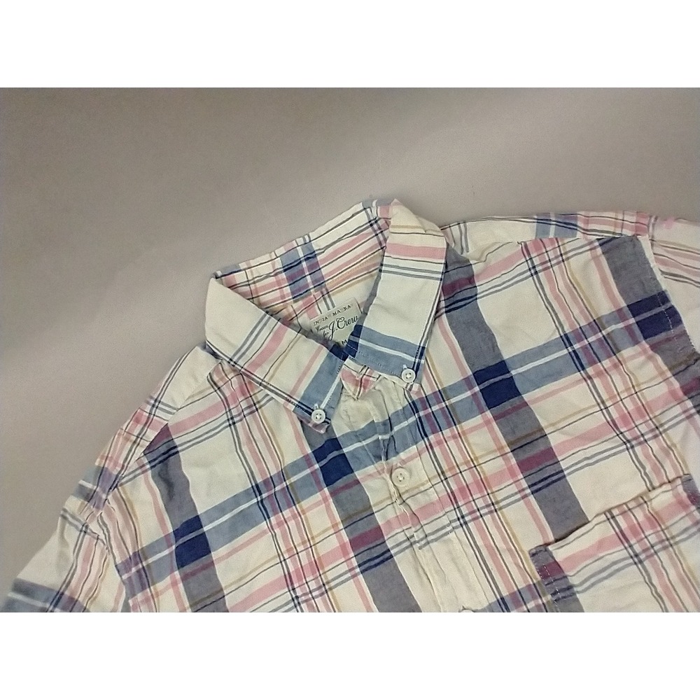 J.Crew Mens Indian Madras Plaid Short Sleeve Button Down Shirt Blue Pink Medium